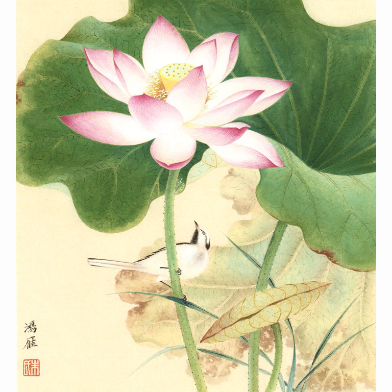 Lotus in Wind - Asian Botanical Painting Hanging Scroll