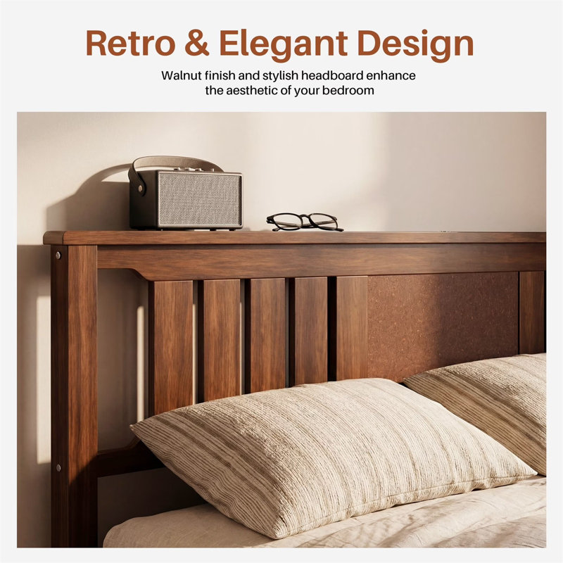 Lit plateforme en bois massif de style Mid-Century avec tête de lit, support à lattes de bois, aucun sommier nécessaire