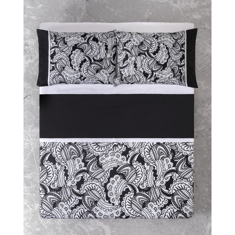 Brooks Brothers Black & White Paisley Cotton Sateen Sheet Set, King Sheet Set with 2 Pillowcases