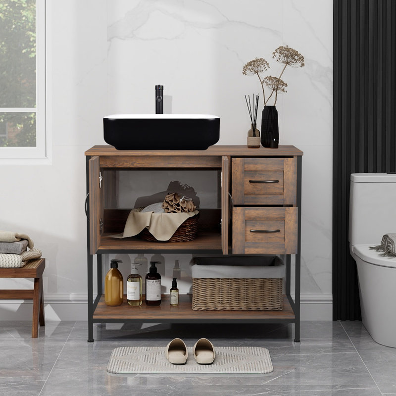 36'' Free-Standing Farmhouse Single Bathroom Vanity With Sink, Black/White