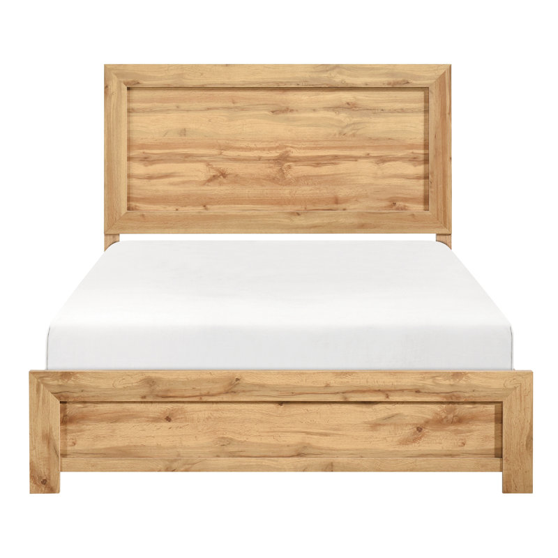 Cadre de lit double avec tête de lit et rails, finition naturelle, panneau de qualité rustique pour chambre à coucher, stratifié