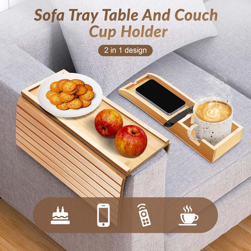 Bamboo Couch Armrest Table, Couch Arm Tray With Removable Couch Cup Holder, 2 In 1 Design Foldable Anti-Slip Bamboo Sofa Arm Tray For Remote Controls, Phones, Cups And Snacks