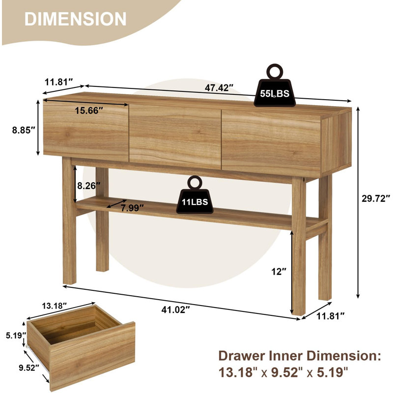 Wood Console Table With 3 Drawers