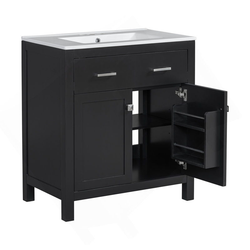 Meuble-lavabo de 30 po avec lavabo en céramique, armoire de salle de bain simple noire moderne avec 2 portes et une tablette, portes à fermeture douce