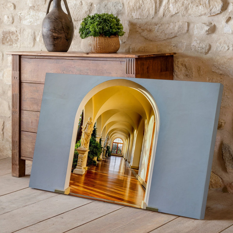 Toile «A Bright and Inviting Interior Scene Doté d'une porte», art mural encadré par une arche blanche épurée menant à une toile spacieuse