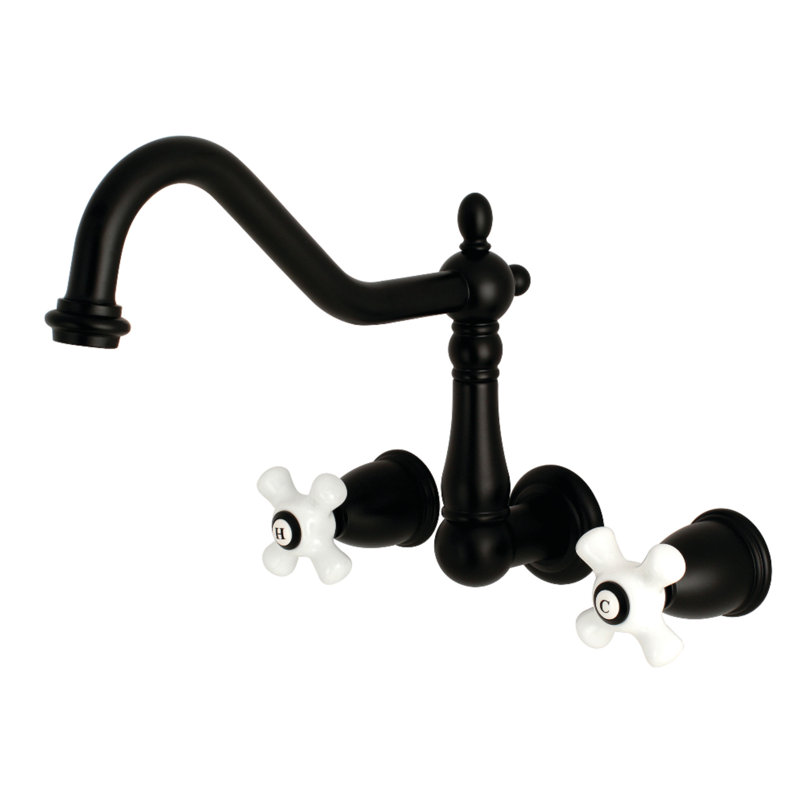 Kingston Brass Heritage Double-Handle 3-Hole Wall-Mount Kitchen Faucet, Matte Black