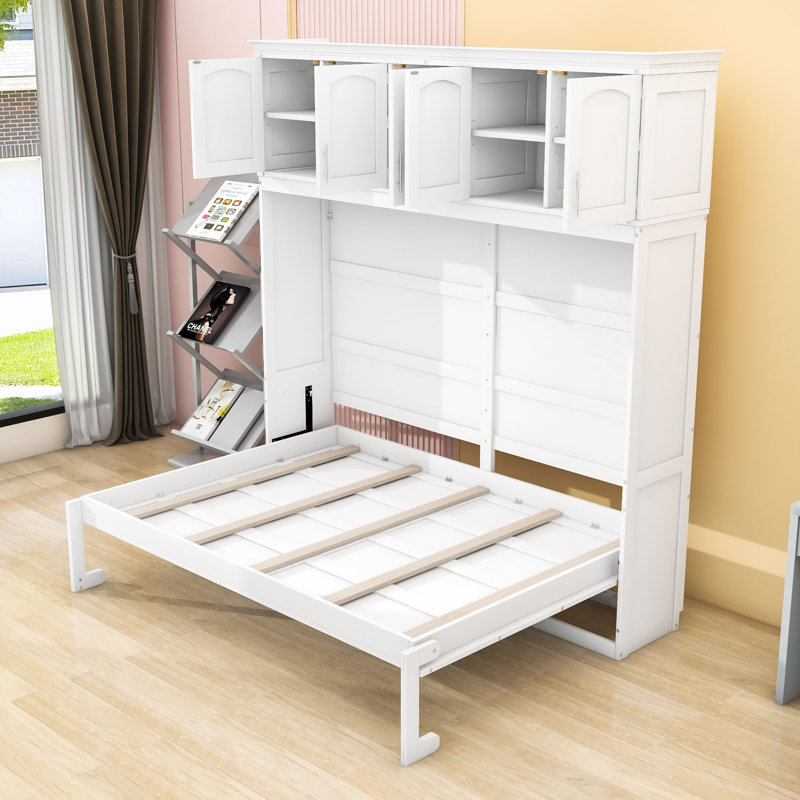 Lit escamotable en bois avec armoires supérieures, conception pliable peu encombrante, Double, Blanc