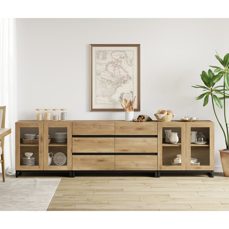 3 In 1 Multifunctional Sideboard Buffet Cabinets With Glass Doors And 6 Drawers, Modern Sideboard Credenza With Adjustable Shelf And Metal Base, Coffee Bar Cabinet Storage Cabinet