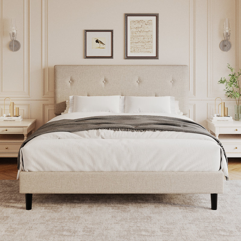 Structure de lit double en lin, structure de lit plateforme tapissier avec tête de lit réglable, support de lattes en bois, aucun sommier requis, assemblage facile, beige
