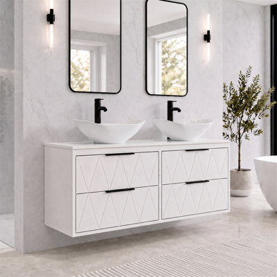 48" Wall Mounted Floating Double Bathroom Vanity with Artistic Vessel Sinks, Hand-Painted, 4 Soft-Close Drawers