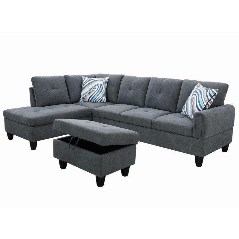 Tatman Upholstered L-Shaped Sectional, Gray Velvet, Left Hand Facing