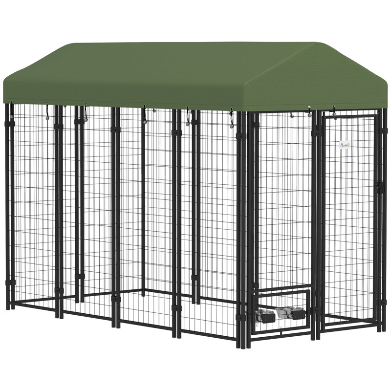Chenil d'extérieur pour chien avec porte-bol rotatif, clôture pour parc pour chien avec couvercle imperméable, 8 pi x 4 pi x 6 pi, vert