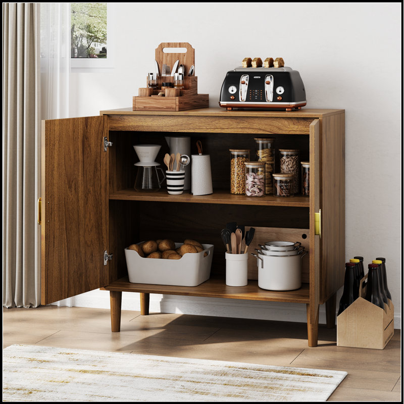 Walnut Wood Buffet Cabinet With Line Groove Design, Multifunctional Storage For Living Room And Entryway