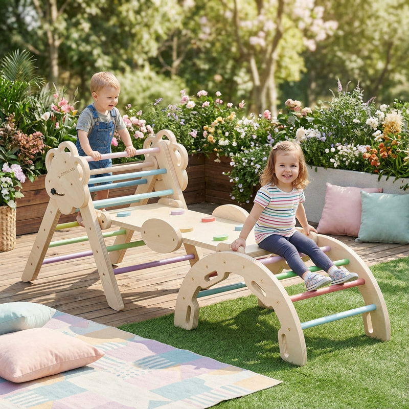 8-en-1 en bois pliable Pikler Triangle - Montessori, salle d'escalade intérieure pour tout-petits et bébés, arc-en-ciel