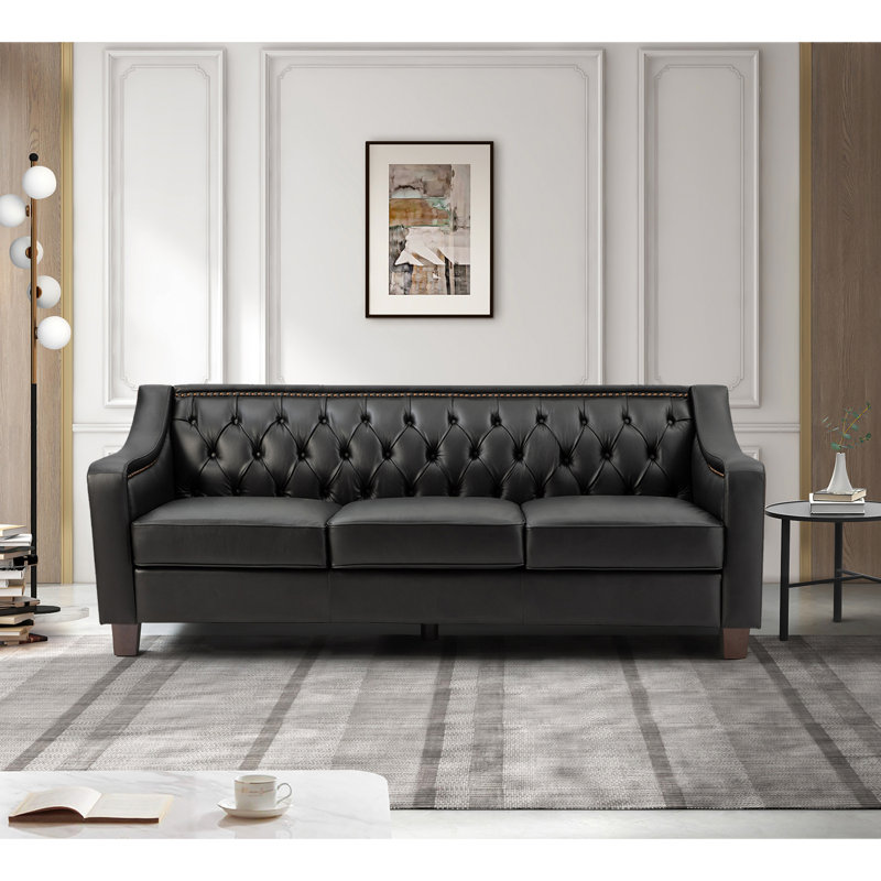 Canapé en cuir véritable 81,28 po à 3 sièges avec dossier capitonné Bethea, Cuir véritable noir