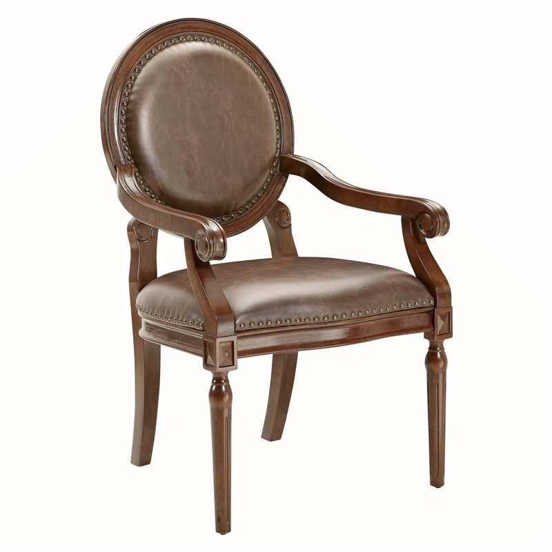 Chaise de bureau formelle avec accoudoirs en similicuir brun foncé et garniture cloutée
