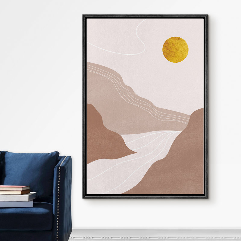 «Signature», reproduction d'art sur toile encadrée, soleil doré sur montagnes brunes et rivière, nature, art numérique, art moderne moderne de style Mid-Century coloré pour le salon, la chambre à coucher et le bureau - 24 po x 36 po - noir
