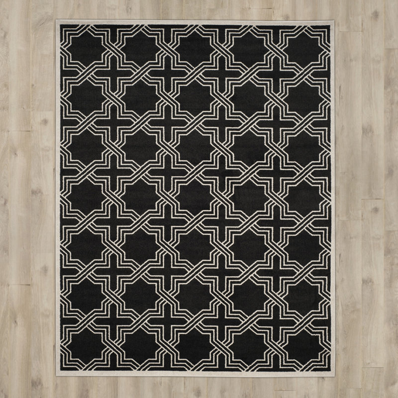 Tapis intérieur / extérieur géométrique noir / crème Gere, Rectangle 3 pi x 5 pi