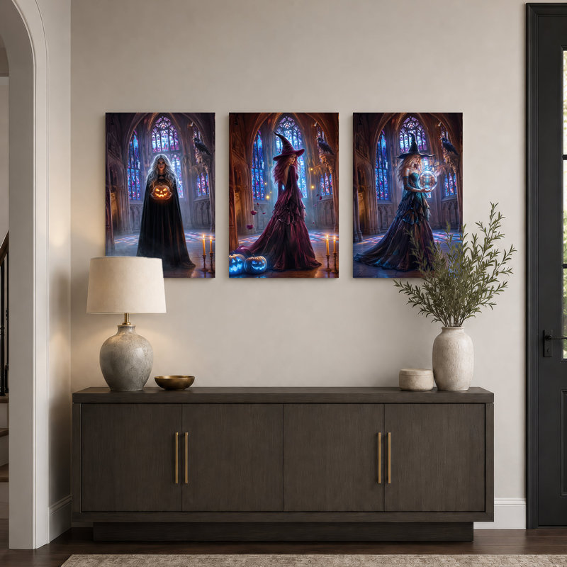 Trois sorcières dans une cathédrale gothique, ensemble de 3 toiles murales pour l'Halloween, H 18 po x l 12 po x 3 pièces