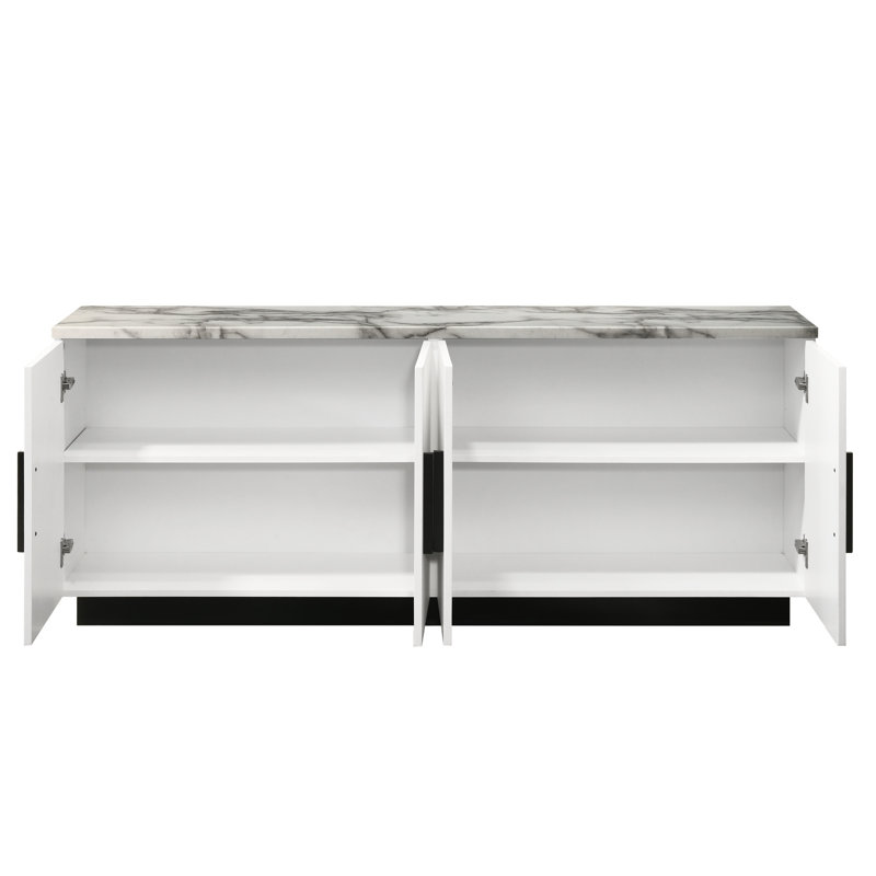 Console de 63 po avec 4 portes, tablette ajustable, base noire, 63 po, avec composition semblable au marbre, composition