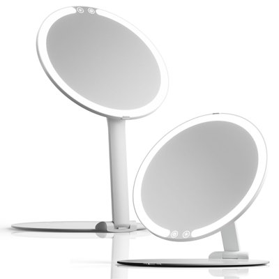  Miroir de maquillage de voyage rechargeable avec lumière DEL Abigail, support pliable de 8 po, miroir de voyage à éclairage de 3 couleurs. Miroir de salle de bain portable à intensité variable et léger, beauté voyage essentiel (blanc)