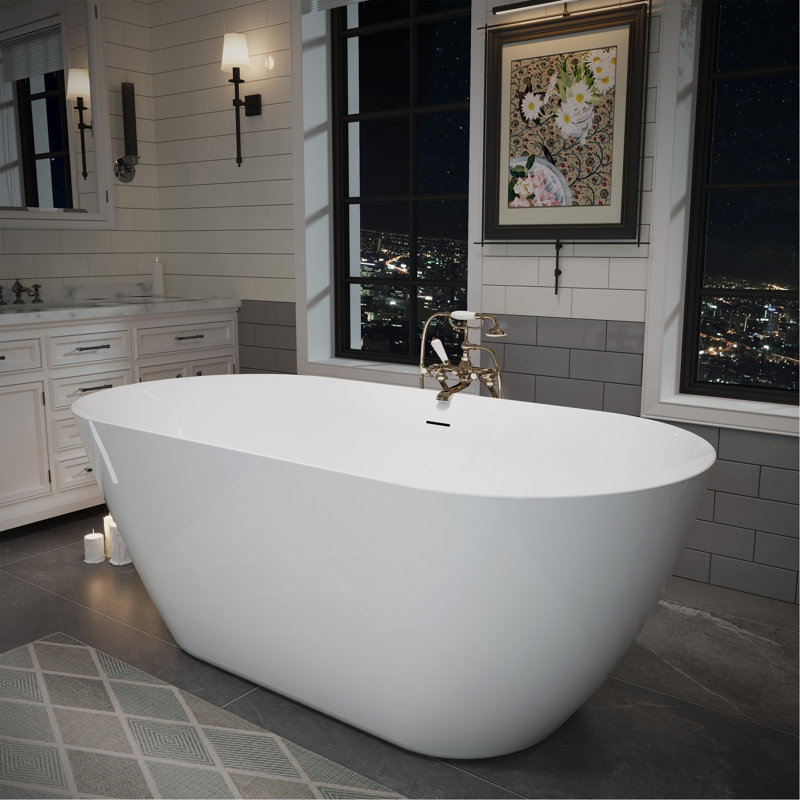 Baignoire autoportante en acrylique de 55 po, baignoire ovale profonde avec bonde escamotable centrale et baignoire autoportante contemporaine à débordement intégrée pour le spa de la salle de bain ou la maison, blanc brillant