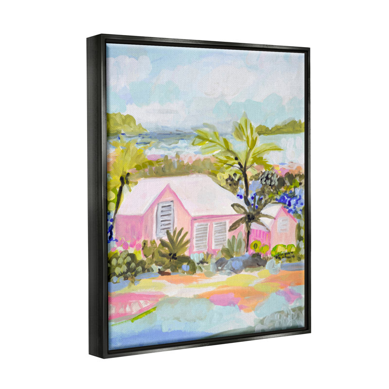 «Pink Tropical Cottage» par Karen Fields, Cadre flottant noir de jais, H 21 po x l 17 po x P 1,7 po