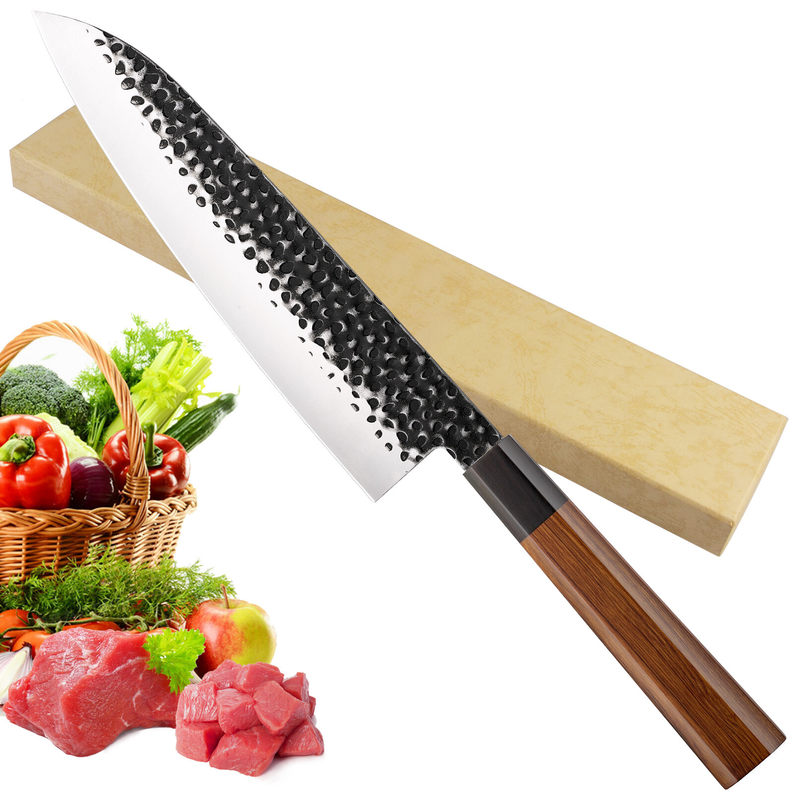 9-Inch Kitchen Knife Professional Chef Knife Stainless Steel Vegetable Knife Safe Non-Stick Coating Blade with Anti-Slip Wooden Handle
