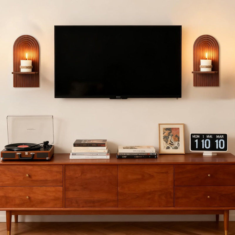 Ensemble de 2 appliques murales de style Mid-Century moderne, ensemble de 2 porte-bougies en noyer Boho pour cheminée de salon, étagère à bougie pour plantes