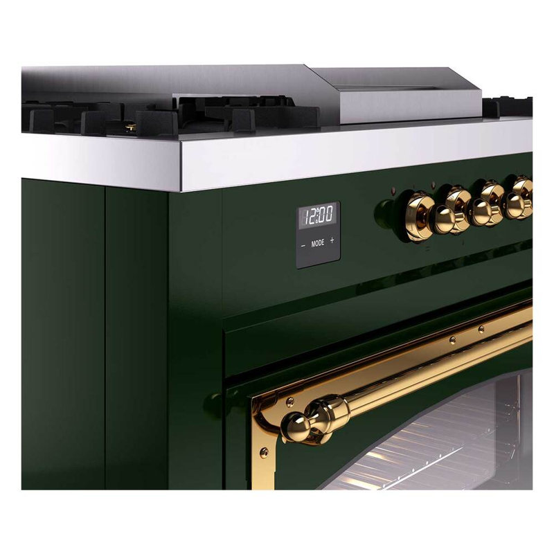 ILVE Nostalgie II Noblesse 60 in Dual Fuel Range 7 Burner, Griddle, Frenchtop, Natural Gas, Emerald Green/Brass