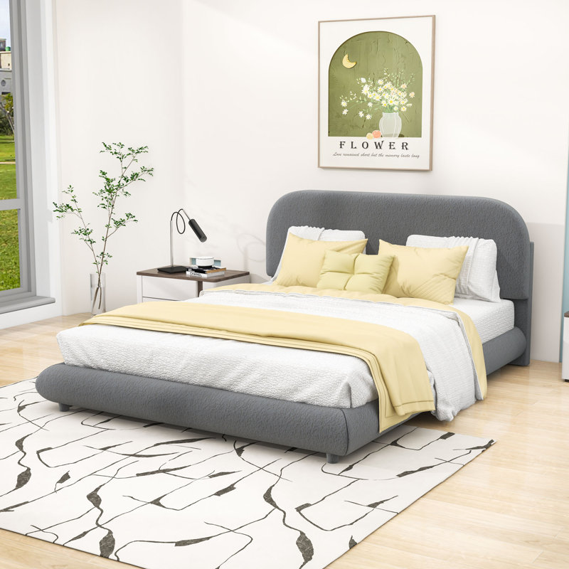 Teddy Fleece Upholstered Platform Bed with Curve-Shaped Design and Slats, Gray, Queen