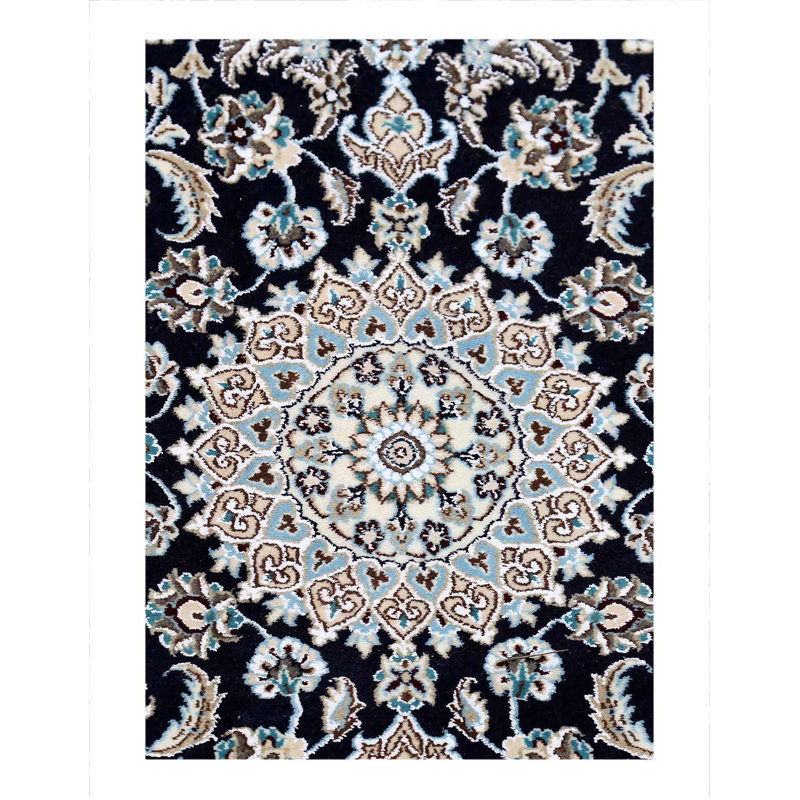 Navy Blue Fine Hand Knotted Persian Silk & wool Nain 2'X 6'5"