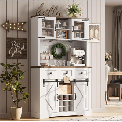 Bar Cabinet with Sliding Door, Engineered Wood, 72" Tall with 3 Drawers and Wine Rack, Rustic Farmhouse Kitchen & Home Bar Storage