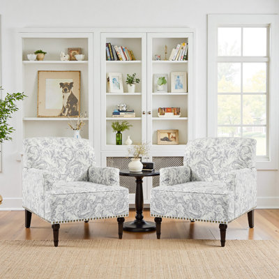 Glenetta Iliana Upholstered Rococo Light Gray Cotton Blend Armchair with Solid Wood Legs and Nailhead Trim