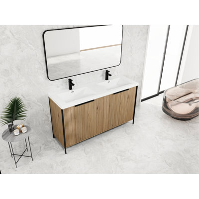 Meuble-lavabo autoportant de 60 po en résine double, charnières à fermeture en douceur, poignées en métal, tablettes réglables, style moderne, contreplaqué couleur café,