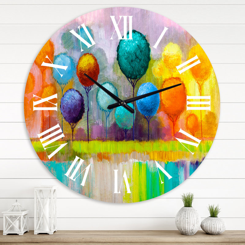 Arbres colorés reflétés dans l'eau - horloge murale moderne, Surdimensionné