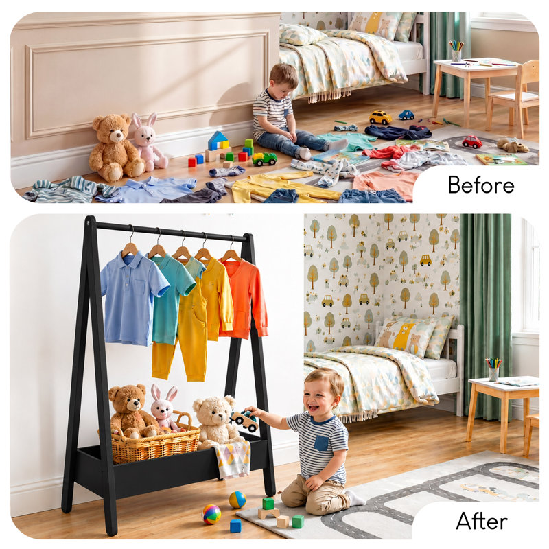 Kids Clothes Rack With Hanging Rail & Lower Storage Shelf For Bedroom And Playroom Organisation, Black