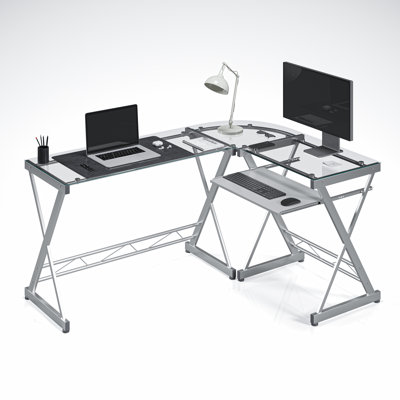 Bureau d'ordinateur en L en verre trempé avec panneau coulissant pour clavier en L, transparent - L 61,8 po x l 45,2 po x H 29,5 po - verre et métal - 1 pièce - blanc
