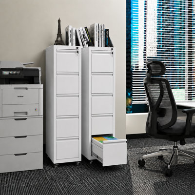 Bizoe White 5-Drawer Vertical Metal File Cabinet with Lock  and wheels, Slim Profile for Home Office, Full Extension Drawers for Letter Legal A4 Files