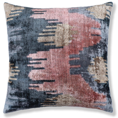 The Designer's Choice: Slate Blue & Dusty Rose Ikat Velvet Pillow 20X20 In