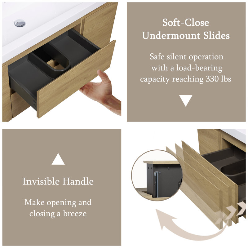 Meuble-lavabo flottant avec lavabo en résine, armoire de rangement murale, tiroirs à fermeture en douceur, finition chêne naturel