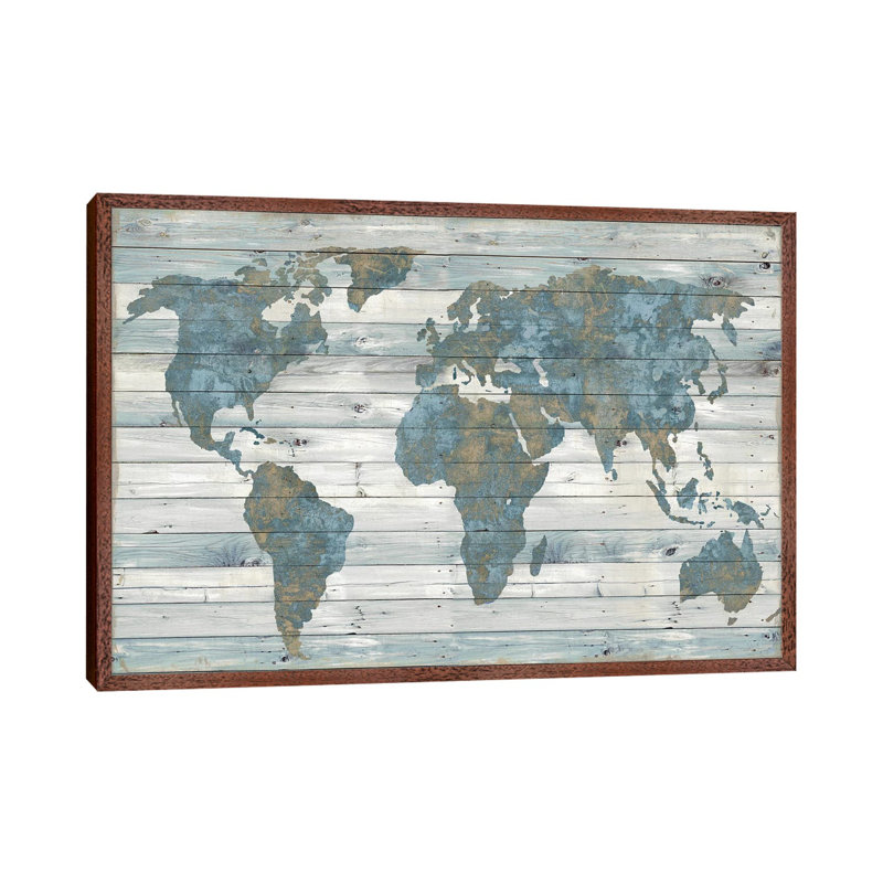 World Map On Wood by Janie Macdowell - Wrapped Canvas Print, 66.04 cm H x 45.72 cm W, Brown Framed