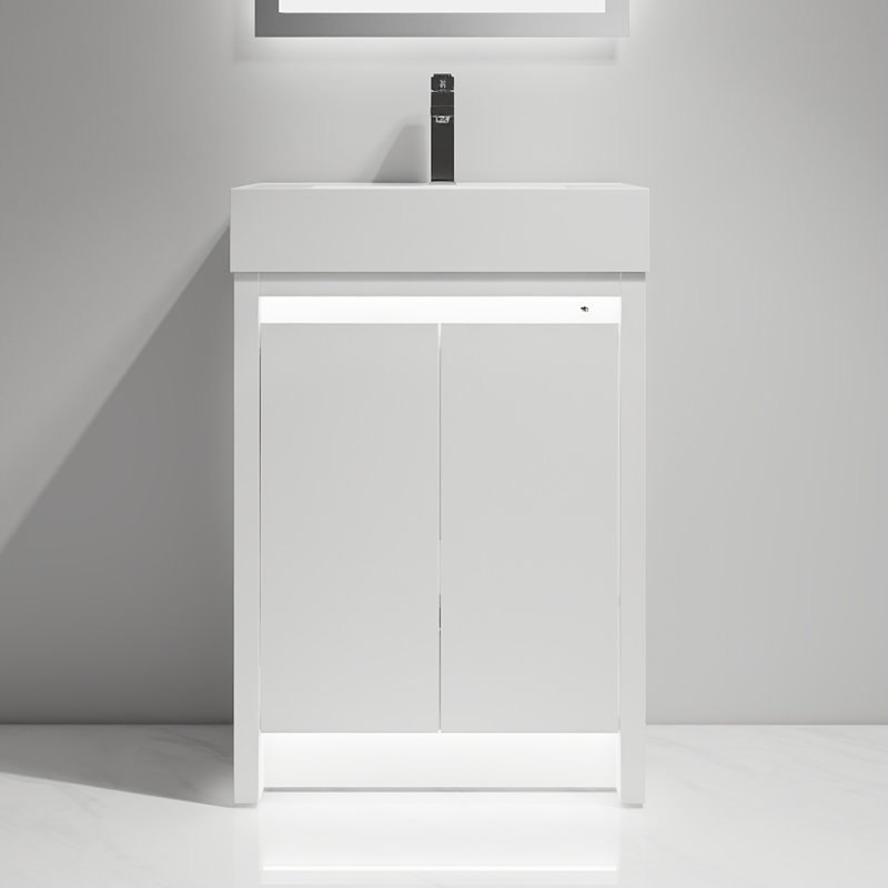 24" Freestanding Bathroom Vanity with Sink – Modern Wood Cabinet with Acrylic Top, LED Lights, Soft-Close Storage & Space-Saving Design