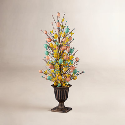 36"H Easter Egg & Flower Urn Porch Tree, 20 Warm White Lights With Timer