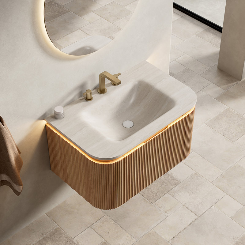 Meuble-lavabo de salle de bain 30 po DIEN, armoire rayée à bords arrondis avec tiroir, capteur de lumière, lavabo intégré en pierre frittée à motif de travertin, pré-assemblé, couleur grain de bois naturel, TH