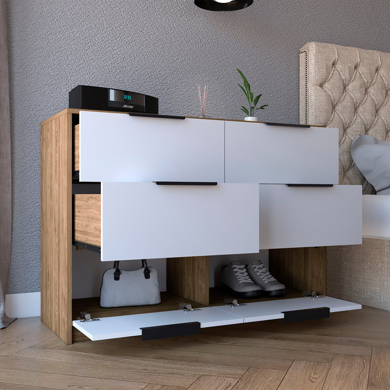 Commode 4 tiroirs Kaia, plateau supérieur - pin / blanc
