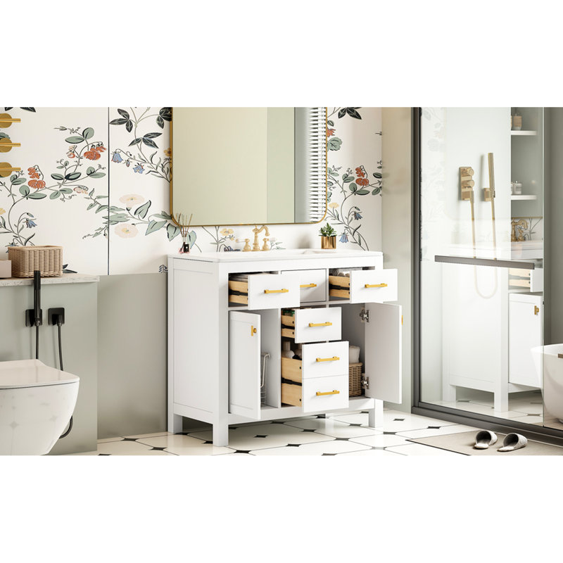 Meuble-lavabo blanc en céramique blanche, armoire en bois massif de 36 po, 4 tiroirs et 2 portes, armoires de rangement élégantes et modernes, bois,