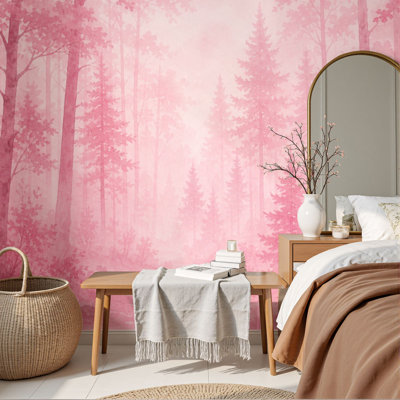 Papier peint auto-adhésif Peel and Stick, aquarelle rose, paysage de forêt, grands arbres, subtile brume, H 69 po x l 96 po pour chambre à coucher