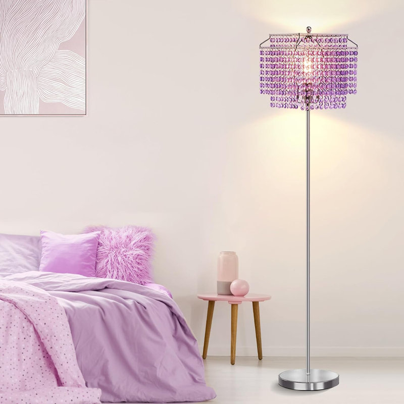 Crystal Floor Lamp Purple With Double-Layer Lampshade, LED Floor Lamp With On/Off Foot Switch, Silver Finish Tall Pole Lamp For Living Room, Girl Bedroom, Dresser, Office