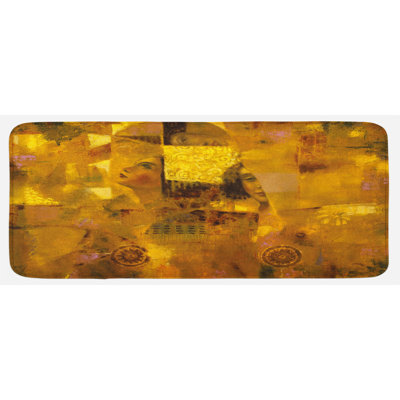 Tapis de cuisine jaune de couleur terre avec effets réfléchissants sur le dessin de la femme rétro